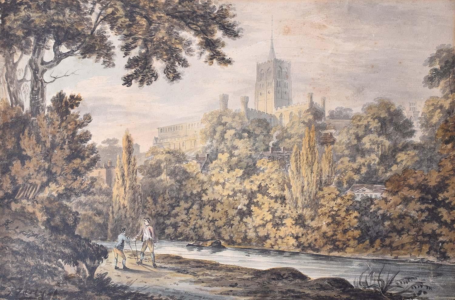 Unknown Landscape Art – Perspektive von Durham vom Fluss aus dem 19. Jahrhundert Aquarell