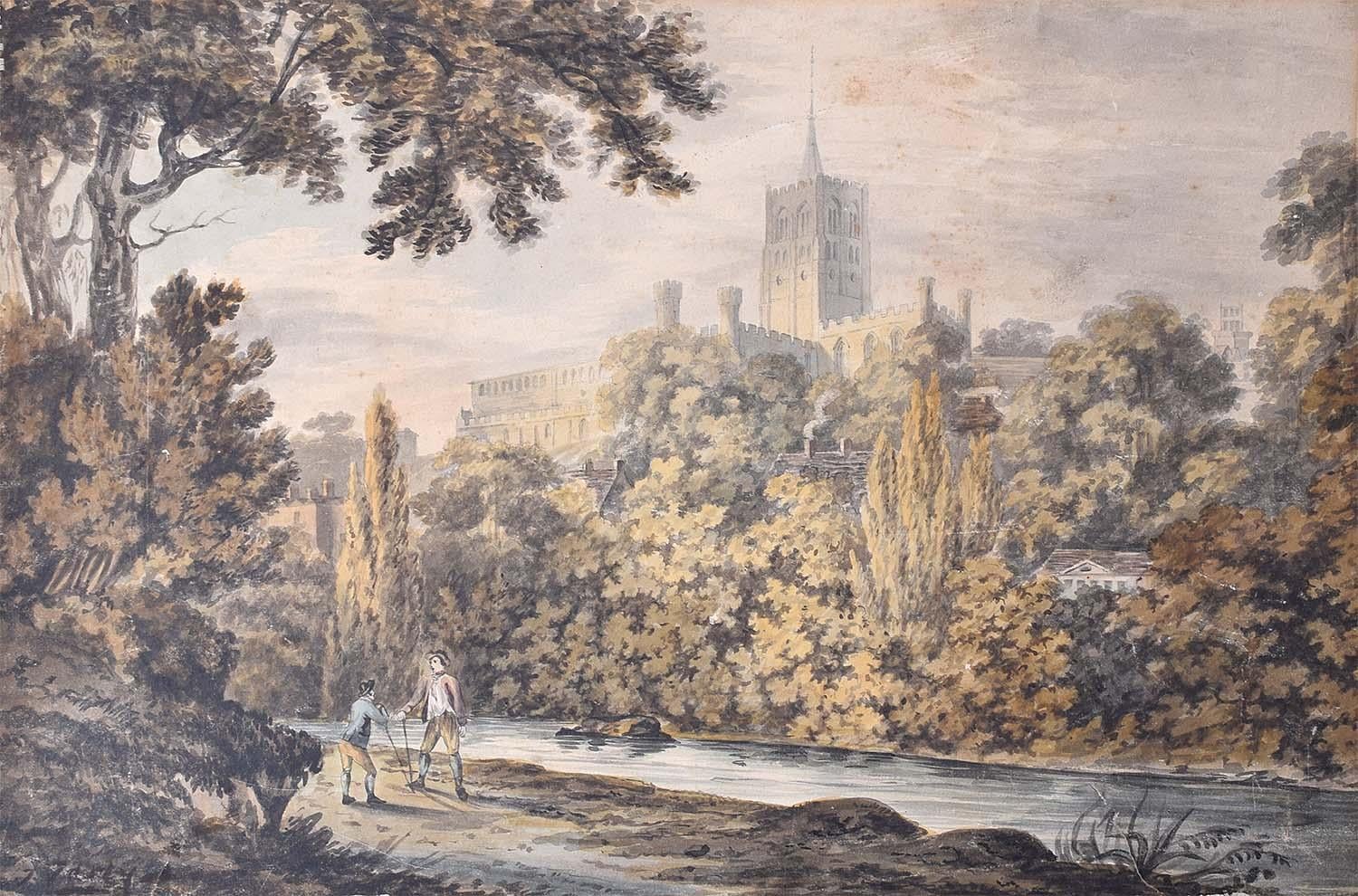 Unknown Landscape Art - Prospect of Durham from the River 19th Century Watercolour