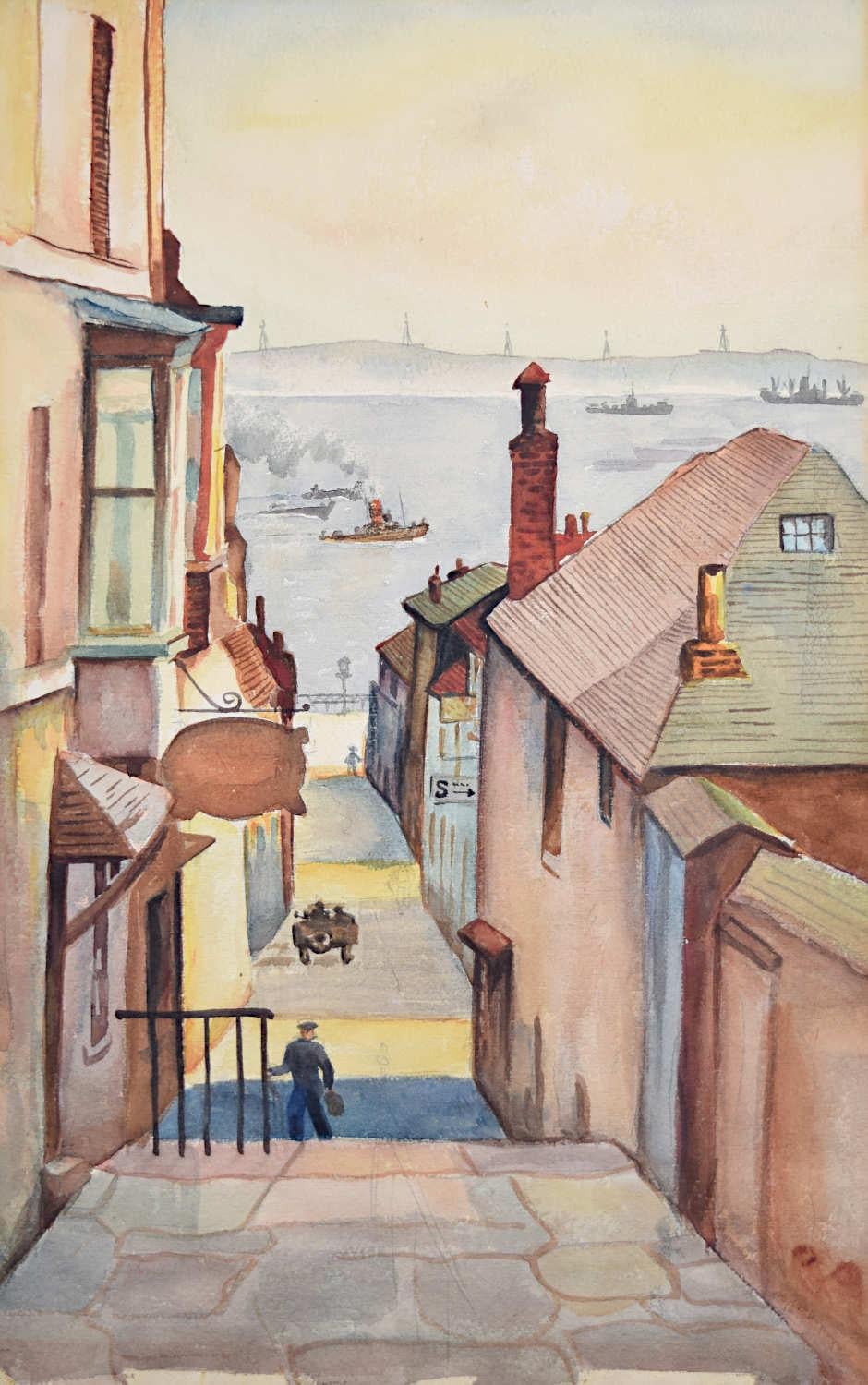 Unknown Landscape Art – Falmouth, Aquarell Modernes englisches Gemälde der britischen Schule, 1944