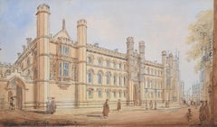 Antique View of Corpus Christi College, Cambridge c. 1830 watercolour painting