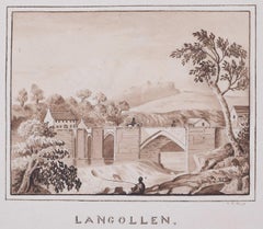 Llangollen Bridge, Wales c. 1800 Georgian monochrome Watercolour 