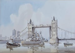 HMS Belfast Passing under Tower Bridge 20th century Sydney Vale FRSA watercolour