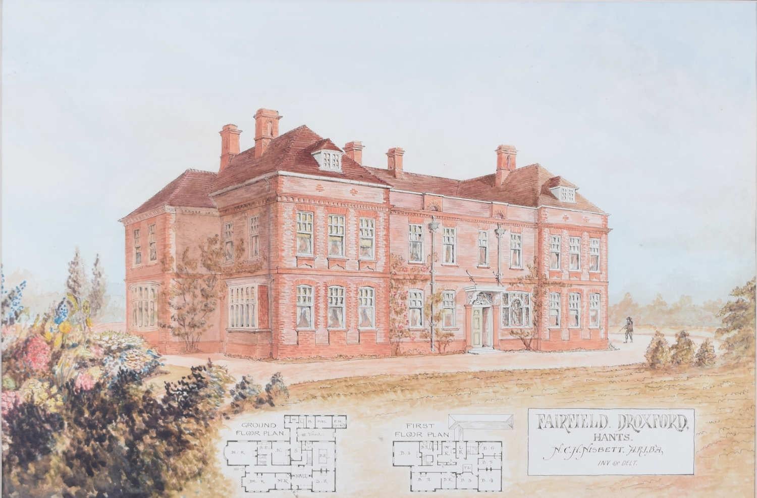 Norman Clayton Hadlow Nisbet Landscape Art – Architektonisches Design für Fairfield House Droxford (1910) Norman Nisbet ARIBA