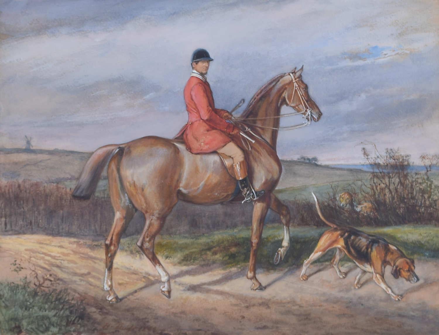 H Fluiss: 'Huntsman to the Pytchley Hounds' foxhunting watercolour - Art by H. Fluiss