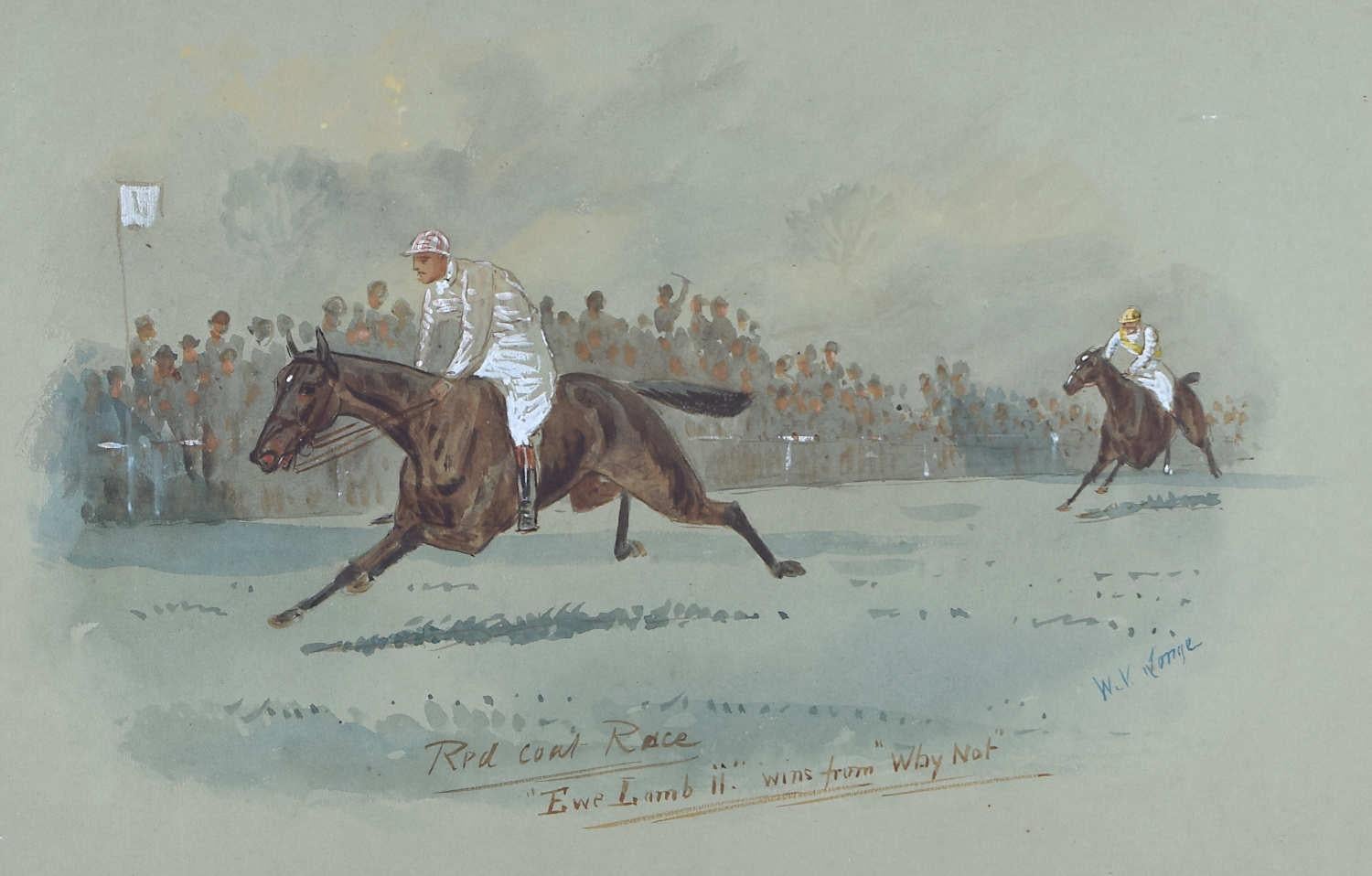 William Verner Longe (1857-1924)
Cottenham, December 1904
Watercolour
29 x 45 cm

Signed and inscribed 'Red Coat Race, "Ewe Lamb ii" wins from "Why Not"'.

A lively racing scene by William Verner Longe, and English artist noted for his scenes of