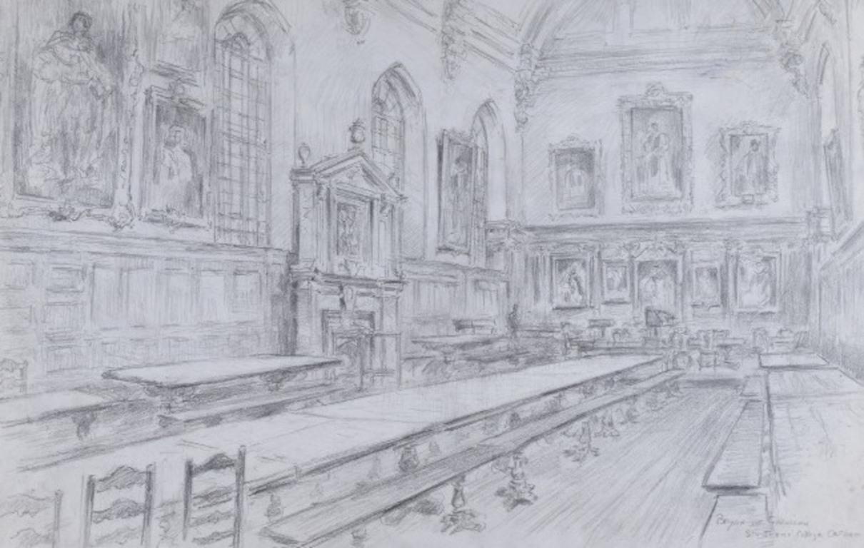 Bryan De Grineau Interior Art – St. John's College, Oxford, Zeichnung des Speisesaals von Bryan de Grineau
