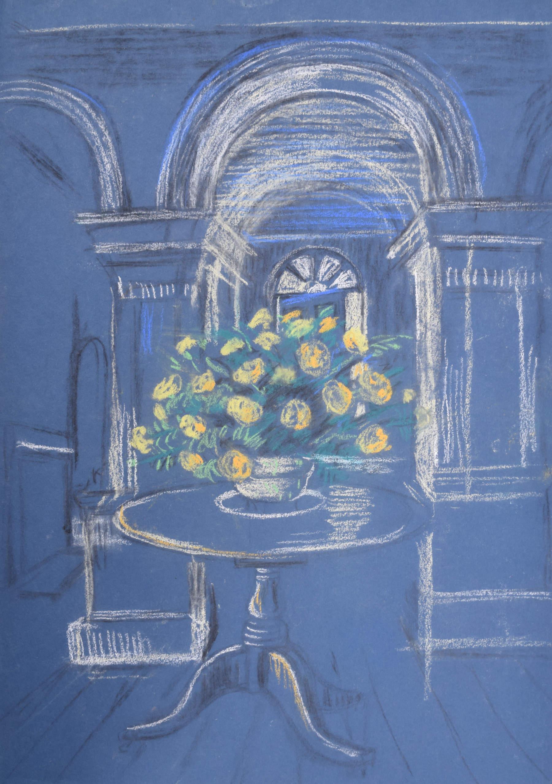 To see more, scroll down to "More from this Seller" and below it click on "See all from this Seller." 

Hilary Hennes (née Hilary Miller) (1919 - 1993)
Flowers on a Table
Chalks
56 x 38 cm

A chalk drawing depicting a vase of bright flowers on a