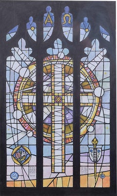 Retro Christ Church, Charnock Richard, watercolour stained glass design by Jane Gray