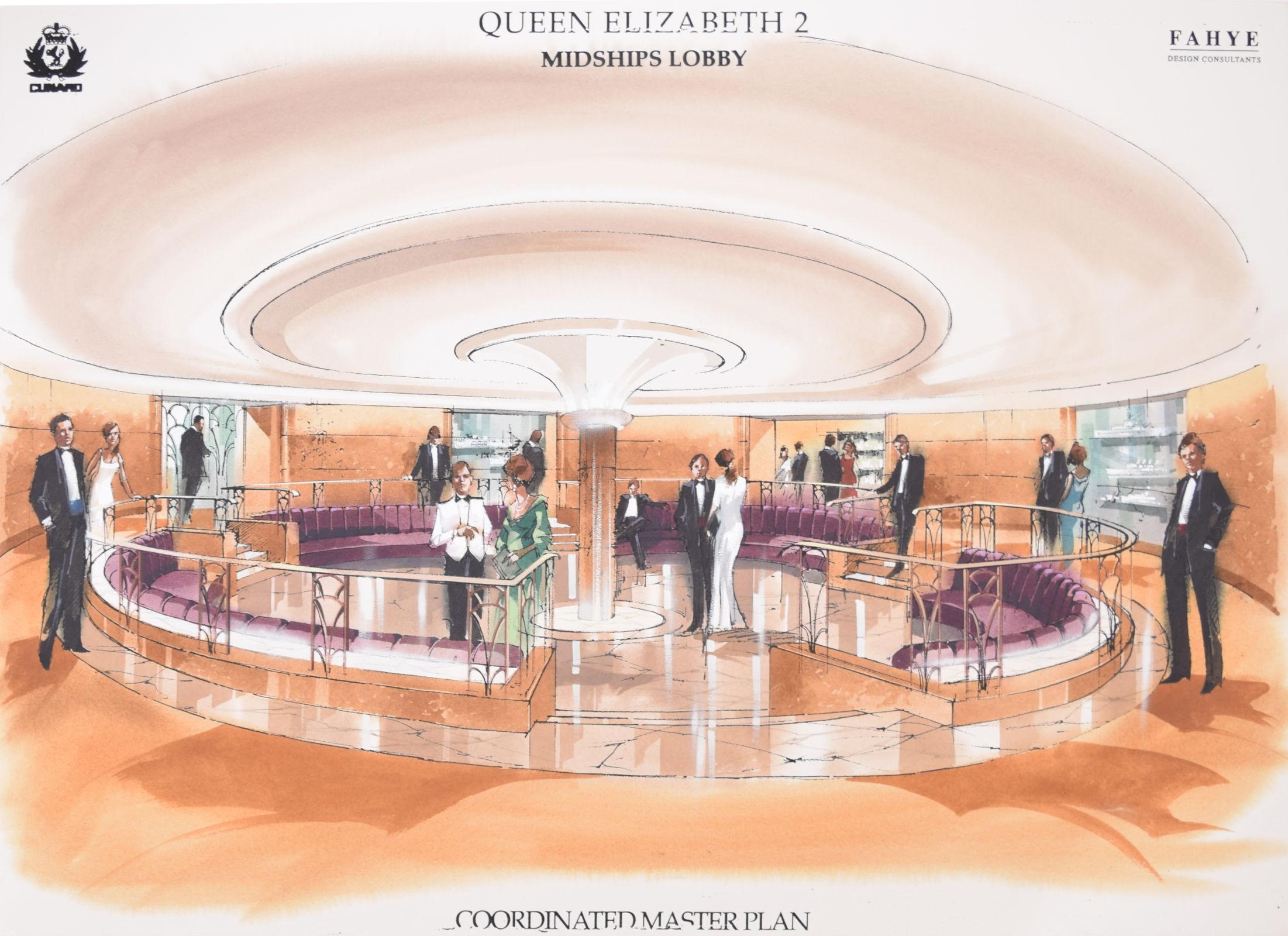Queen Elizabeth 2 Cunard Midships Lobby gouache design by Fahye Design