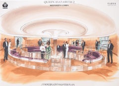 Queen Elizabeth 2 Cunard Midships Lobby gouache par Fahye Design