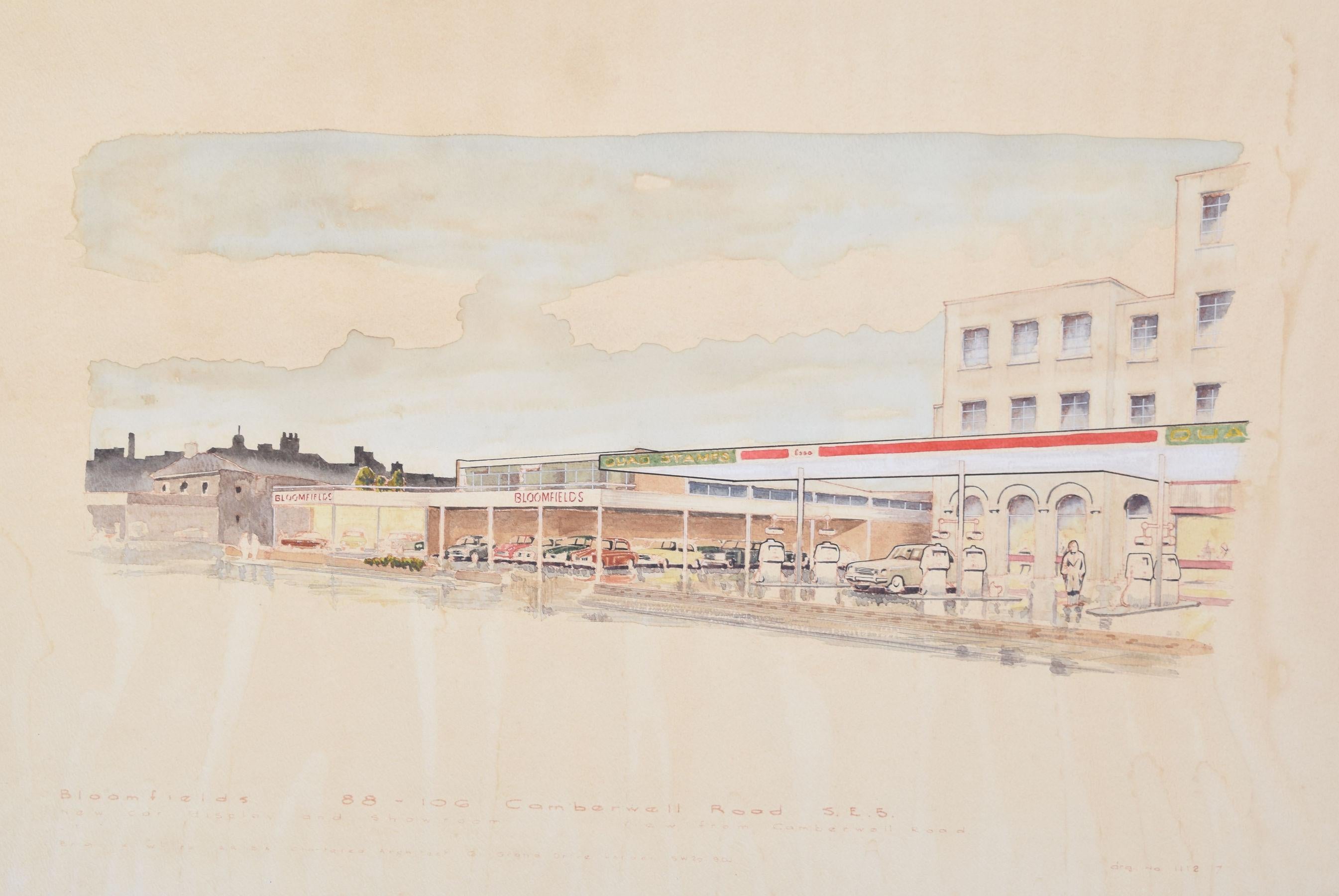 Bloomfields Car Showroom and Esso Garage, Camberwell Road, London SE5 painting - Art by Unknown