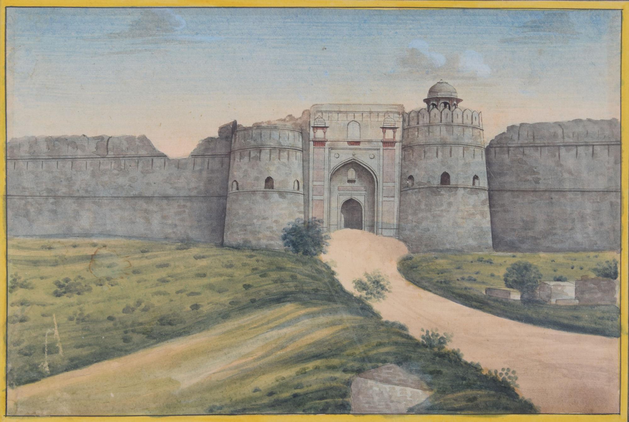 Unknown Landscape Art - Purana Qila Fort, Delhi, India stone wall gateway watercolour