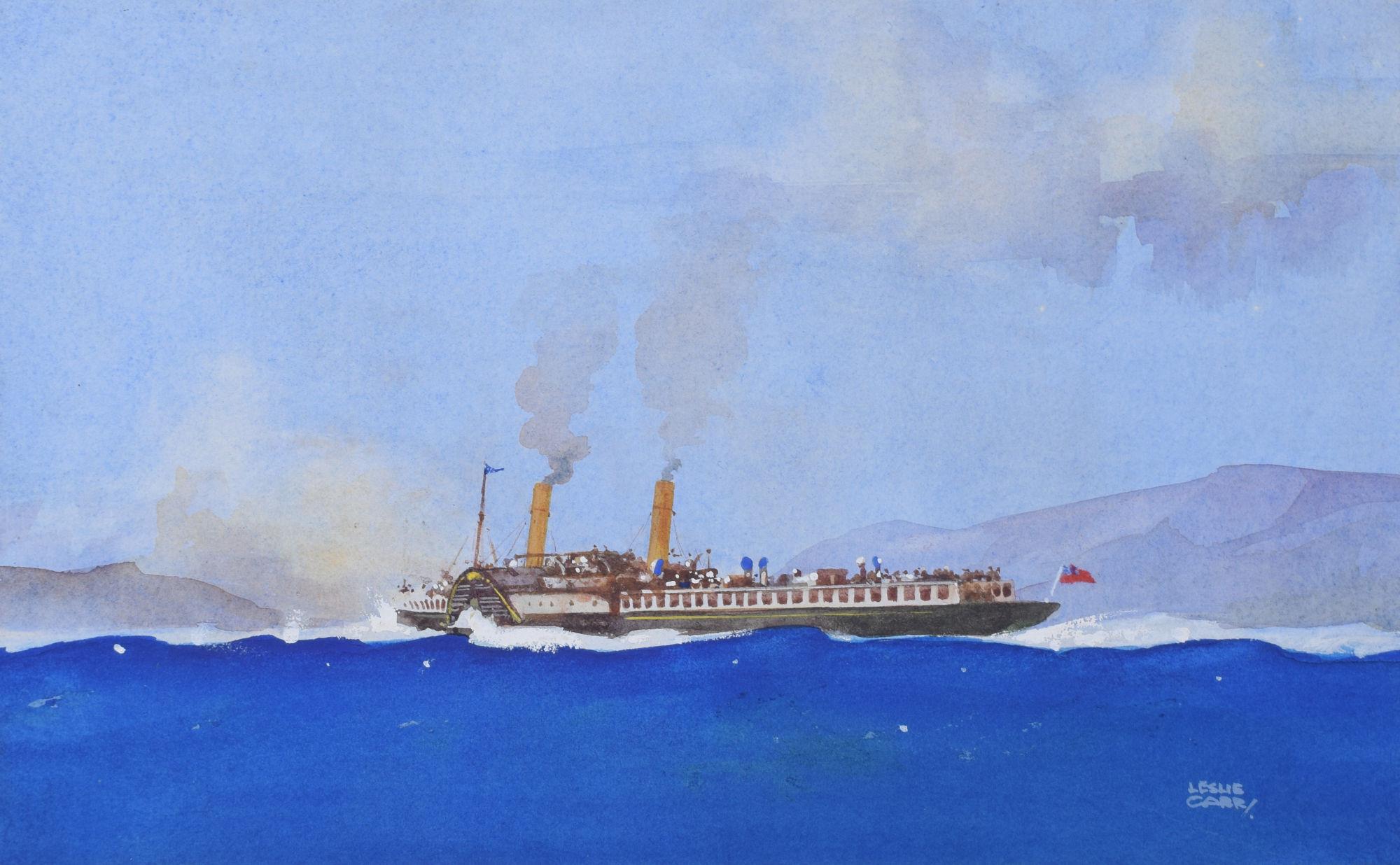 To see more, scroll down to "More from this Seller" and below it click on "See all from this Seller." 

Leslie Carr (1891 - 1969)
Paddlesteamer
Gouache
19 x 29 cm

Signed lower right.

A steamship on a bright blue ocean, complete with frothing