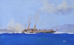 Vintage Paddlesteamer gouache painting by Leslie Carr