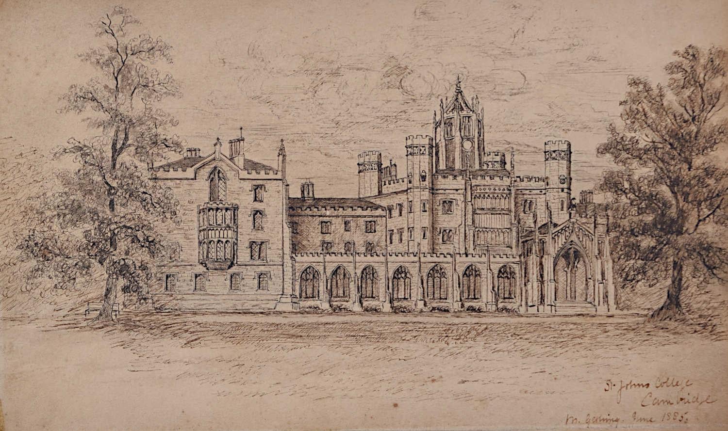Stift- und Tintenzeichnung des St John's College, Cambridge, 19. Jahrhunderts von Gerling – Art von M Gerling