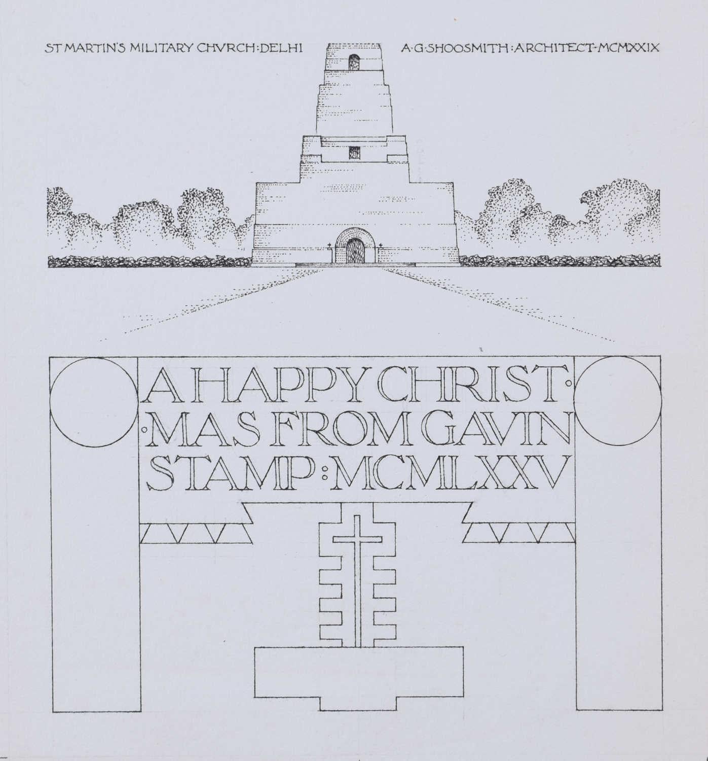 Figurative Art Gavin Stamp - Card de Noël 1975 - église militaire St Martin's, Delhi