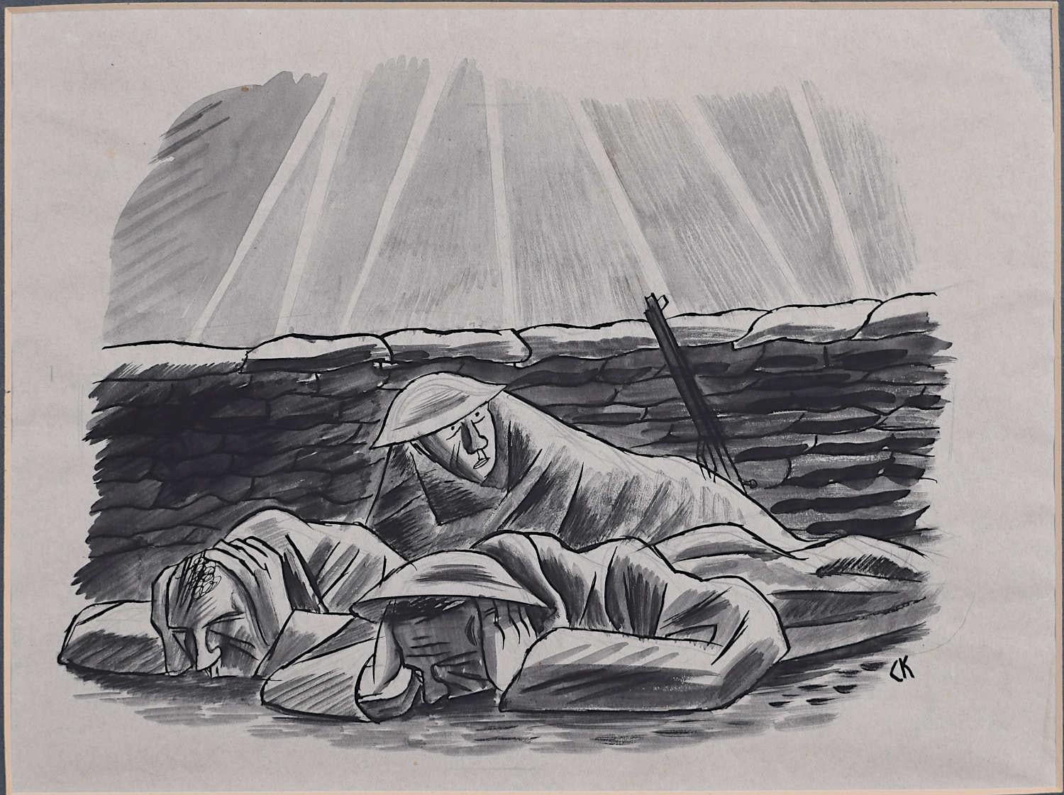 Cecil Keeling
Taking cover in the trenches 
Pen, ink and wash
20 x 26 cm 
Initialled lower right

This poignant work depicts three soldiers sheltering from a raid in the trenches. As searchlights illuminate the night sky, two of the men shield their