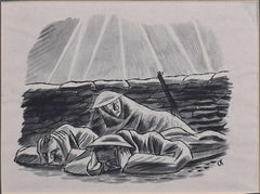 Taking Cover in the Trenches - Second World War drawing by Cecil Keeling