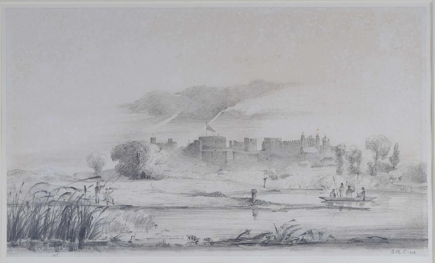Windsor Castle and Eton College with Punting Scholars, 19th Century drawing