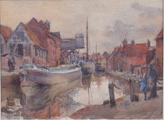 Watercolour of moored barges