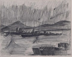 Second World War Naval Battle, charcoal sketch