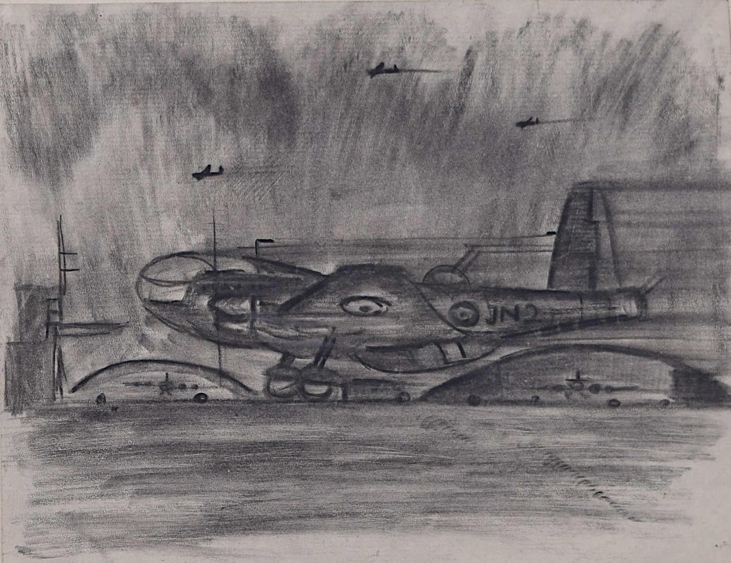 Unknown Landscape Art - A Bomber Plane Landing, Second World War charcoal sketch
