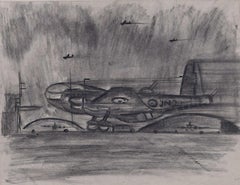 A Bomber Plane Landing, Second World War charcoal sketch