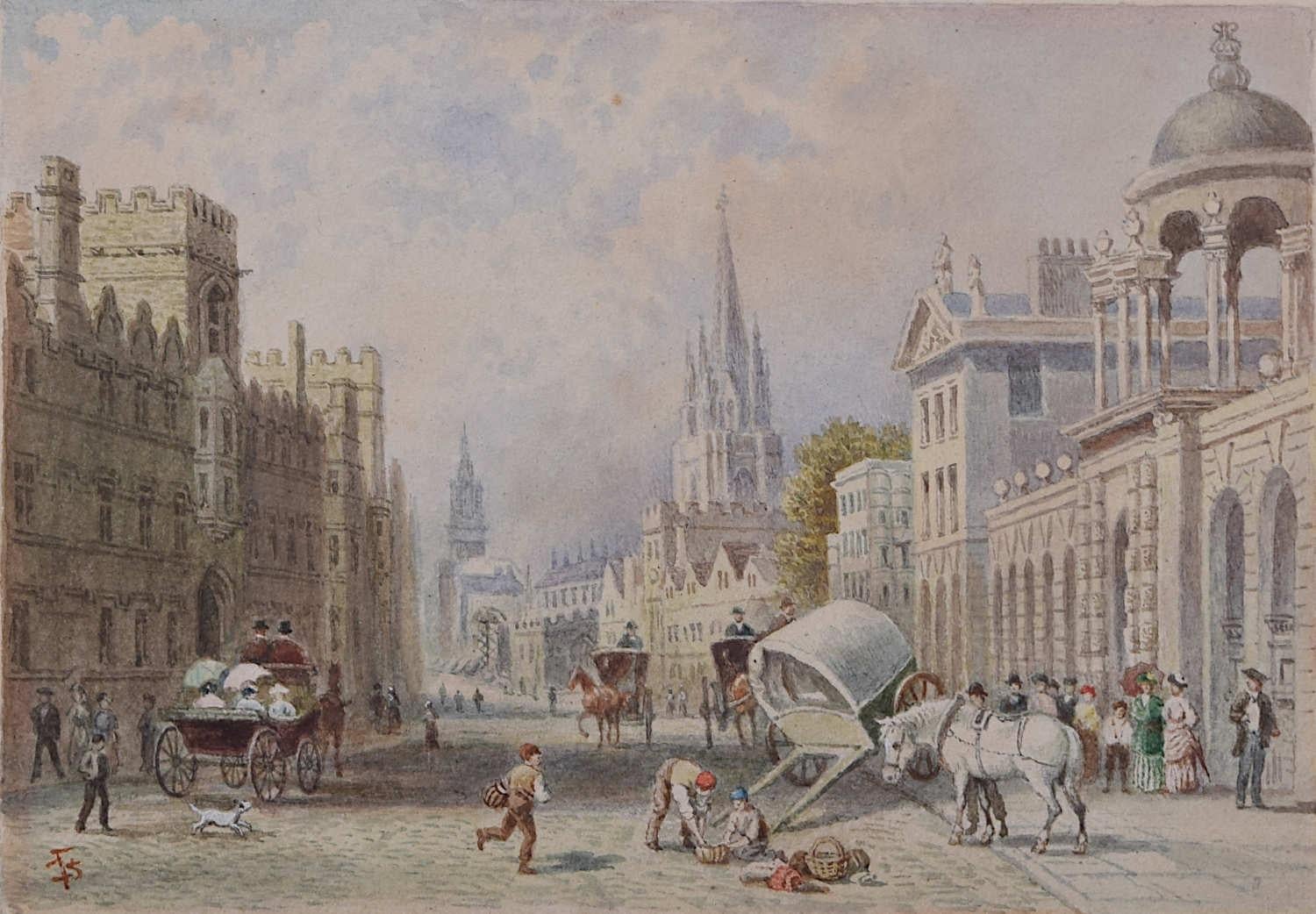 Unknown Landscape Art - Queen's College and the High, 18th Century Oxford watercolour painting