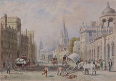 Queen's College y el Alto, pintura en acuarela de Oxford del siglo XVIII