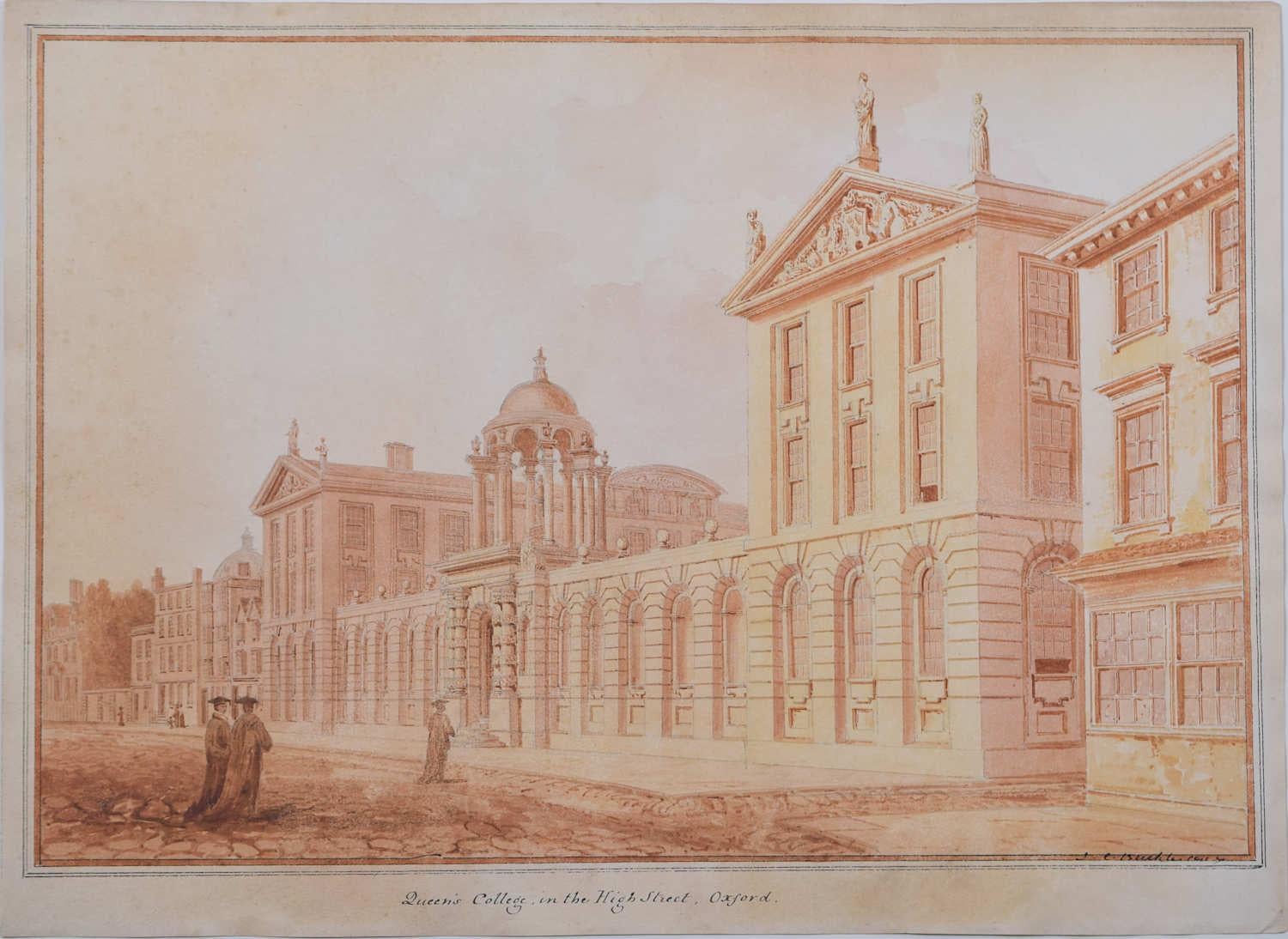 J. C. Buckler (1793-1894)
Queen's College in the High Street Oxford
Watercolour 
29 x 36 cm 
Signed to lower right. 

John Chessell Buckler (1793–1894) was a British architect and artist, renowned for his contributions to Gothic Revival architecture