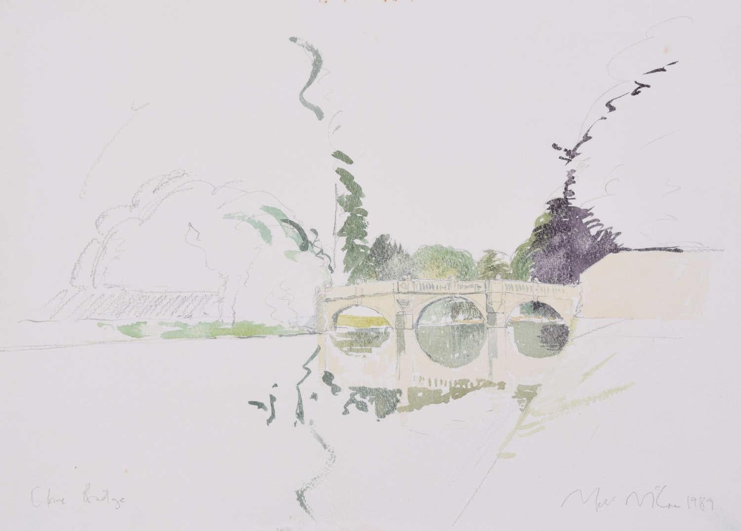 Mark McCrum 
Pont Clare 
Aquarelle
29 x 39 cm
Signé et daté en bas à droite

Mark McCrum, né à Cambridge, en Angleterre, est un auteur et un artiste réputé pour la diversité de son œuvre, qui englobe le récit de voyage, l'écriture de fantômes, le