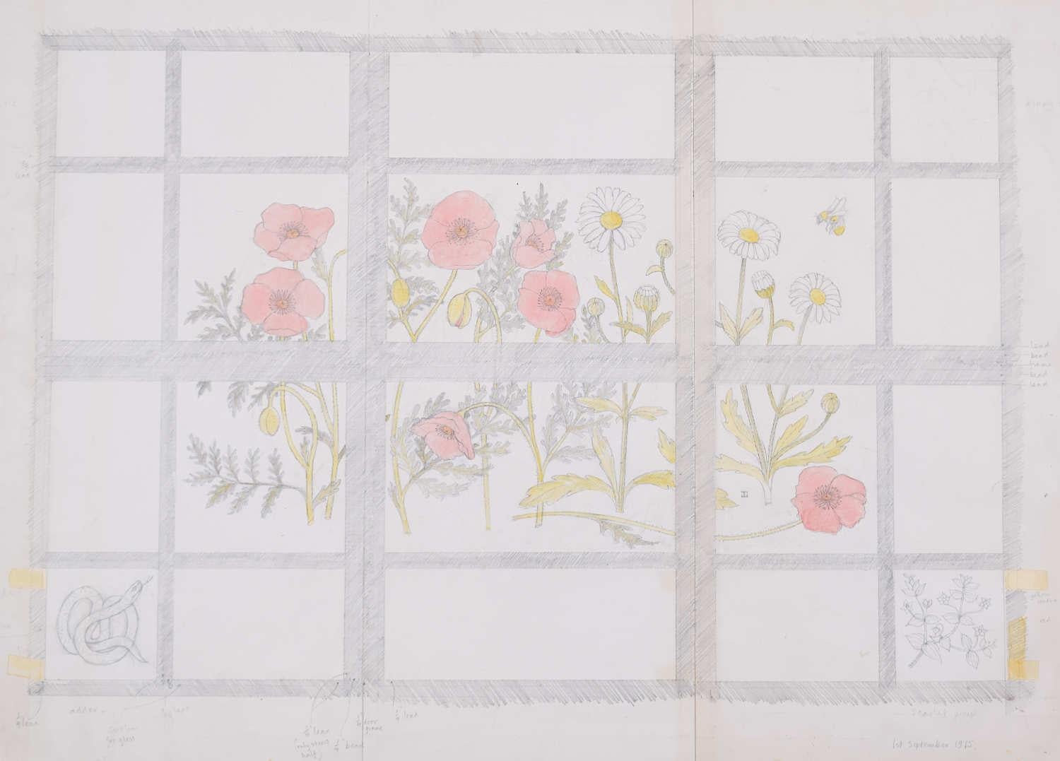 Design de crayon pour une fenêtre en verre teinté de Jane Gray