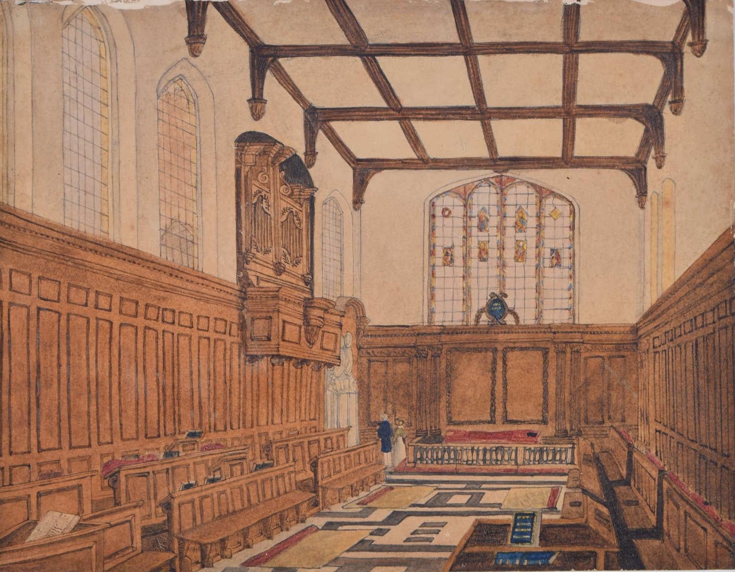 Christ's College Chapel, Cambridge, 1842, Aquarell von R.A.E Little