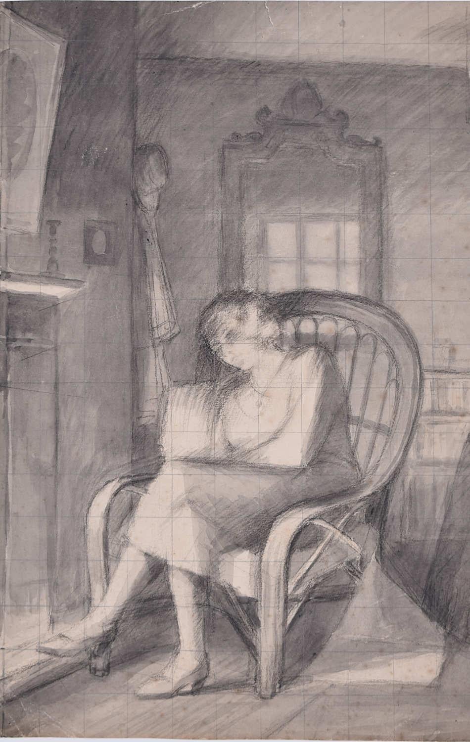 Hillary Hennes (1919-1993)
Über das Feuer wachen
Bleistiftzeichnung 
43 x 28 cm 

Hillary Hennes war eine britische Künstlerin und Illustratorin. Ihr Vater war Kurator an der South London Art Gallery und so wurde sie schon in jungen Jahren in die