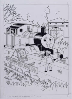 Thomas la locomotora en la estación de Wellsworth, ilustraciones originales en tinta sobre celda