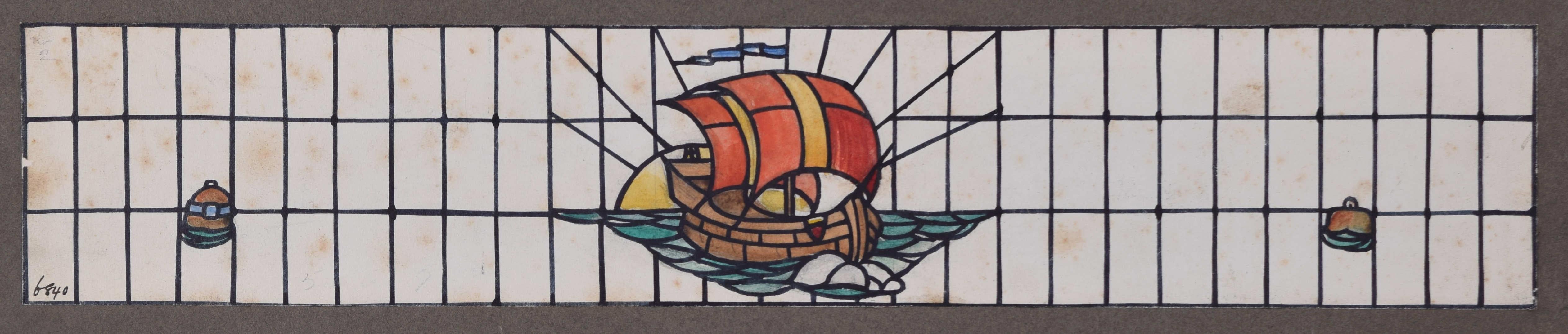 Red Sailing Ship Stained Glass Window Design c 1900 For TW Camm by Florence Camm