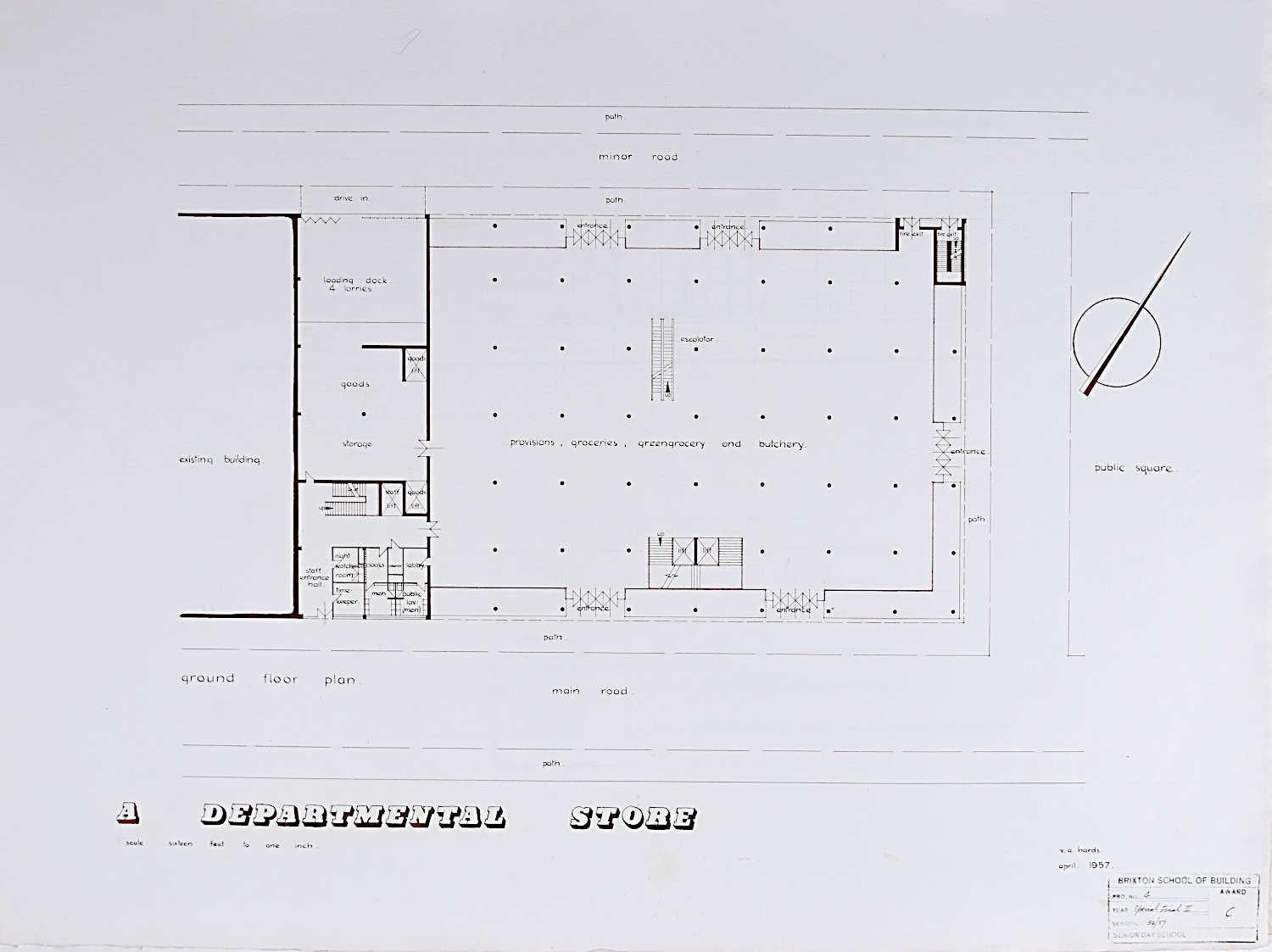 Um unsere anderen Architekturzeichnungen zu sehen, scrollen Sie nach unten zu "Mehr von diesem Verkäufer" und klicken Sie darunter auf "Alle von diesem Verkäufer sehen".

V A Hards (britisch, ca. 1930-c. 2012)
Ein Entwurf für ein Kaufhaus
Aquarell