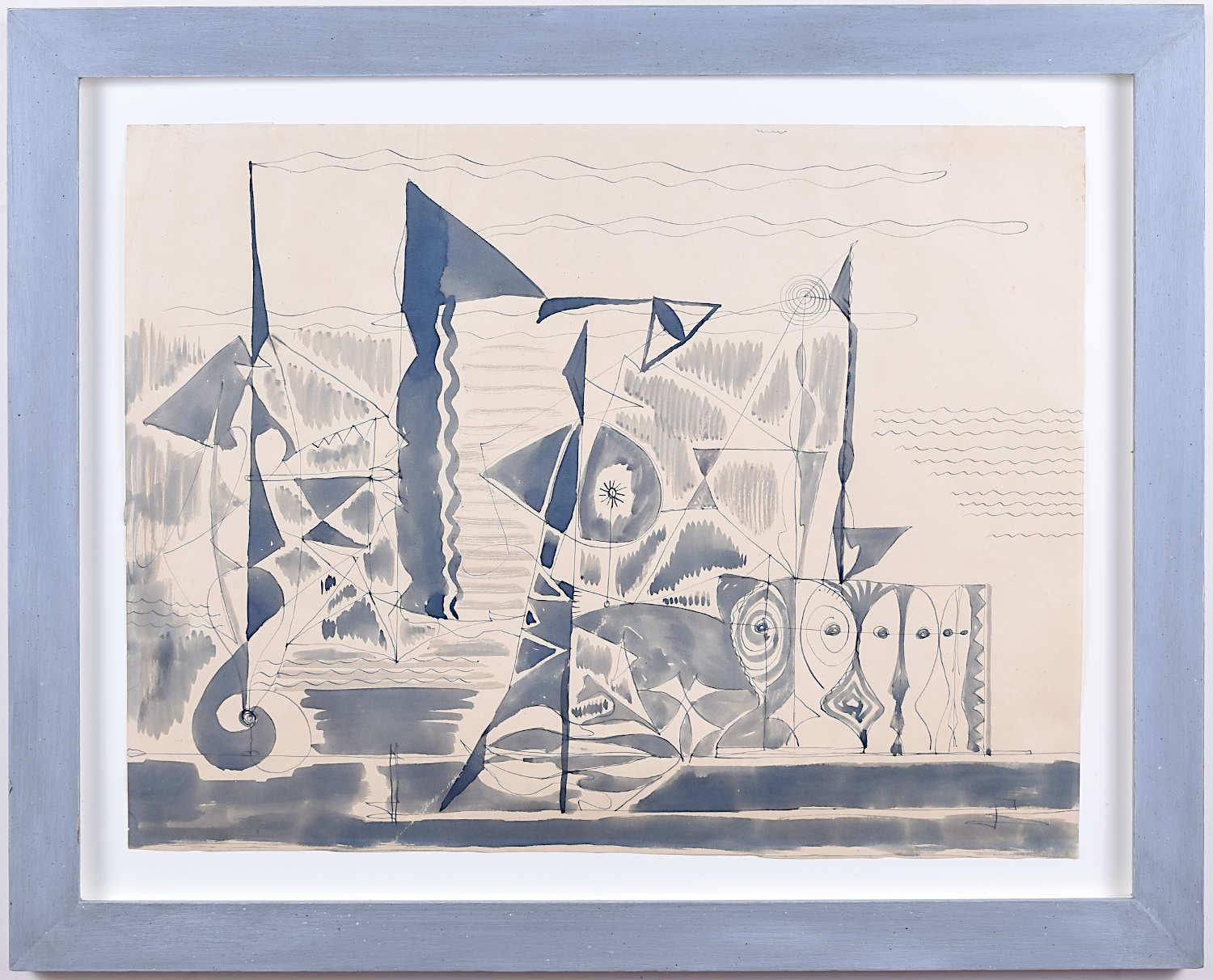 Charles Pulsford ARSA „Abstract Harbour“ Aquarell Moderne britische Kunst Schottischer Stil