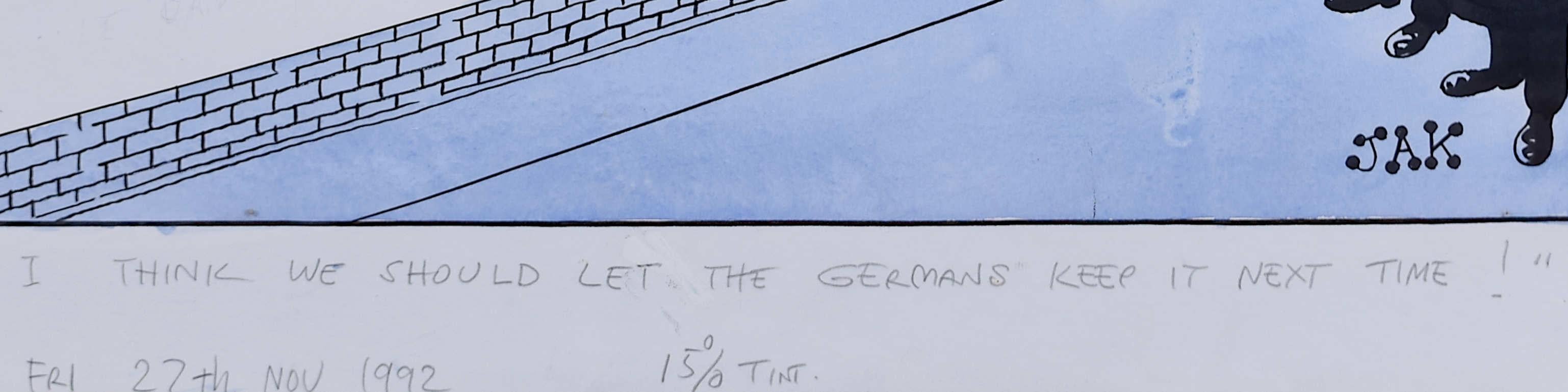 JAK-Zeichnung „Ich glaube, wir sollten den Deutschen Frankreich im nächsten Jahr beibehalten“, Aquarell (Moderne), Art, von 'JAK' Raymond Allen Jackson
