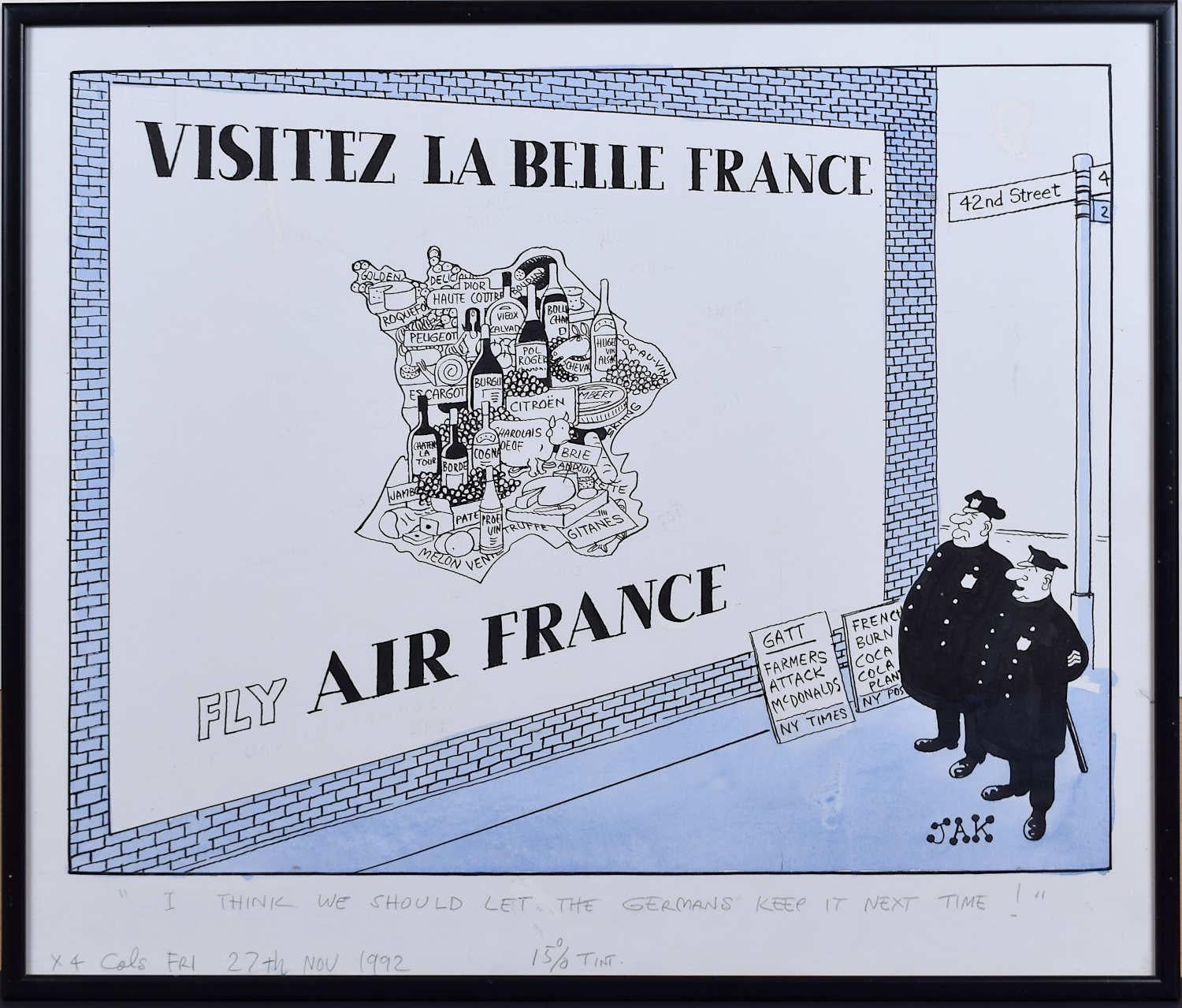 JAK-Zeichnung „Ich glaube, wir sollten den Deutschen Frankreich im nächsten Jahr beibehalten“, Aquarell (Violett), Figurative Art, von 'JAK' Raymond Allen Jackson