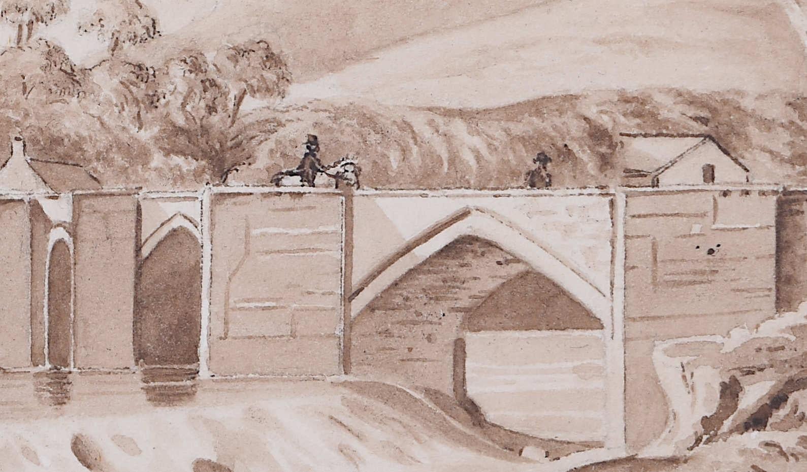 Llangollen Bridge, Wales, um 1800, georgianisches monochromes Aquarell  (Grau), Landscape Art, von C A Hay