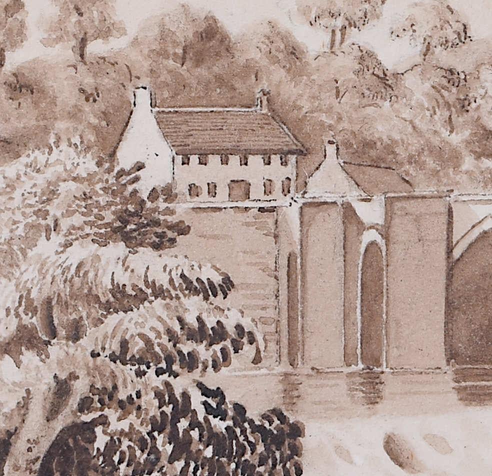 Llangollen Bridge, Wales c. 1800 Georgian monochrome Watercolour  - Realist Art by C A Hay