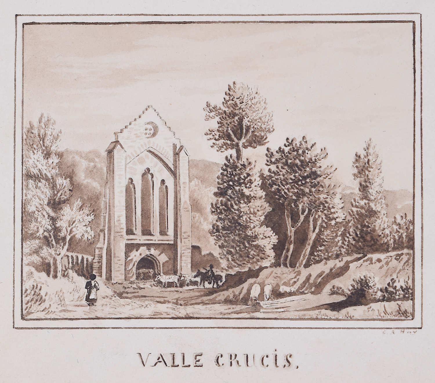 C A Hay Landscape Art - Valle Crucis Abbey, Wales c. 1800 Georgian monochrome Watercolour 