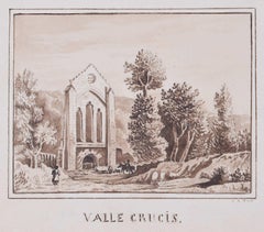 Valle Crucis Abbey, Wales c. 1800 Georgian monochrome Watercolour 