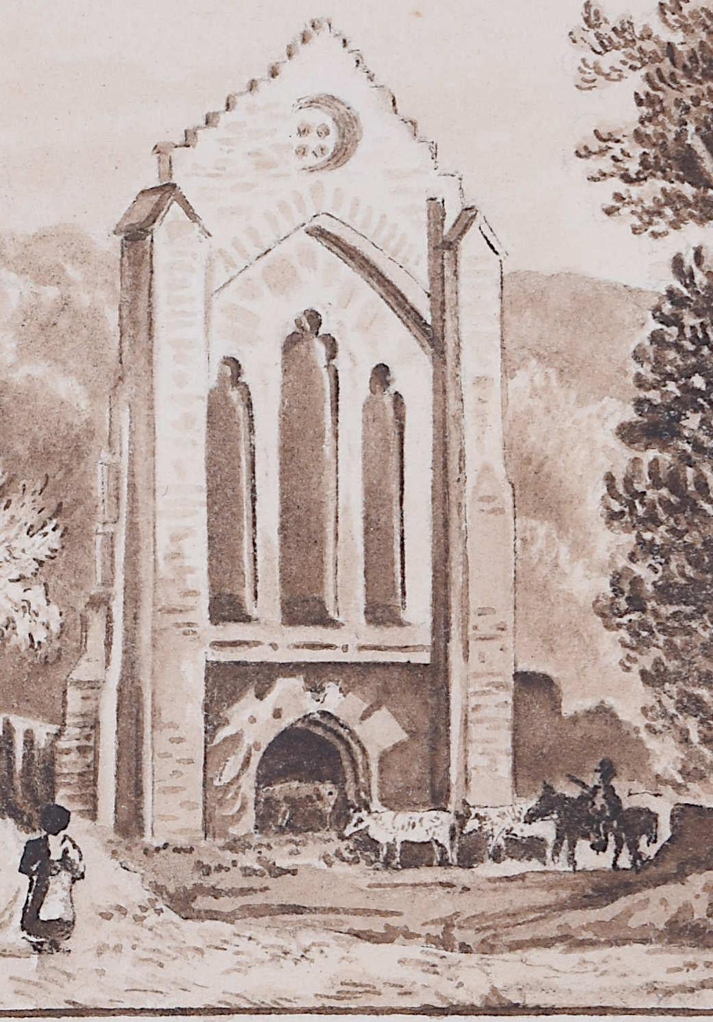 Valle Crucis Abbey, Wales c. 1800 Georgian monochrome Watercolour  - Realist Art by C A Hay