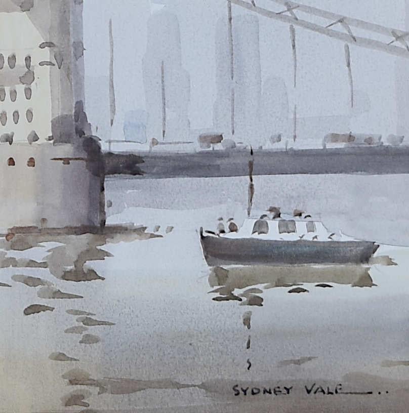 HMS Belfast Passing under Tower Bridge 20th century Sydney Vale FRSA watercolour - Art by Sydney Vale F.R.S.A.