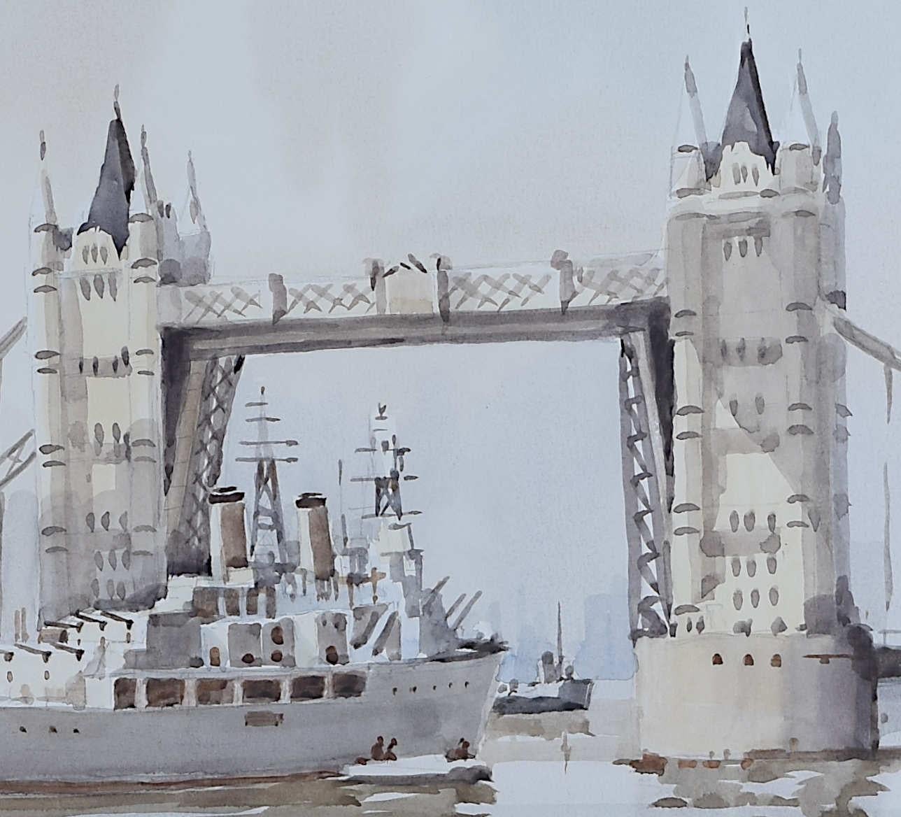HMS Belfast Passing under Tower Bridge, Sydney Vale FRSA-Aquarell, 20. Jahrhundert (Grau), Landscape Art, von Sydney Vale F.R.S.A.