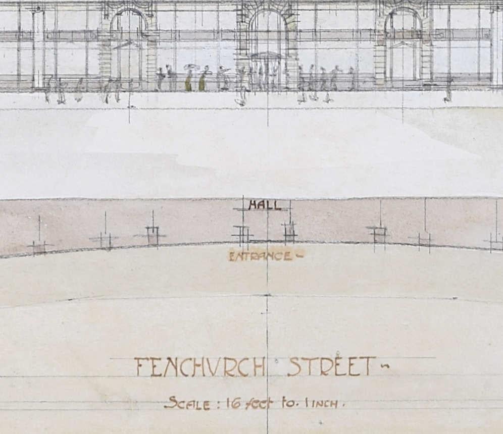 Albert Moore: 30 Fenchurch Street, London, 1915 Architektonisches Aquarell (Grau), Landscape Art, von Albert Walter Moore