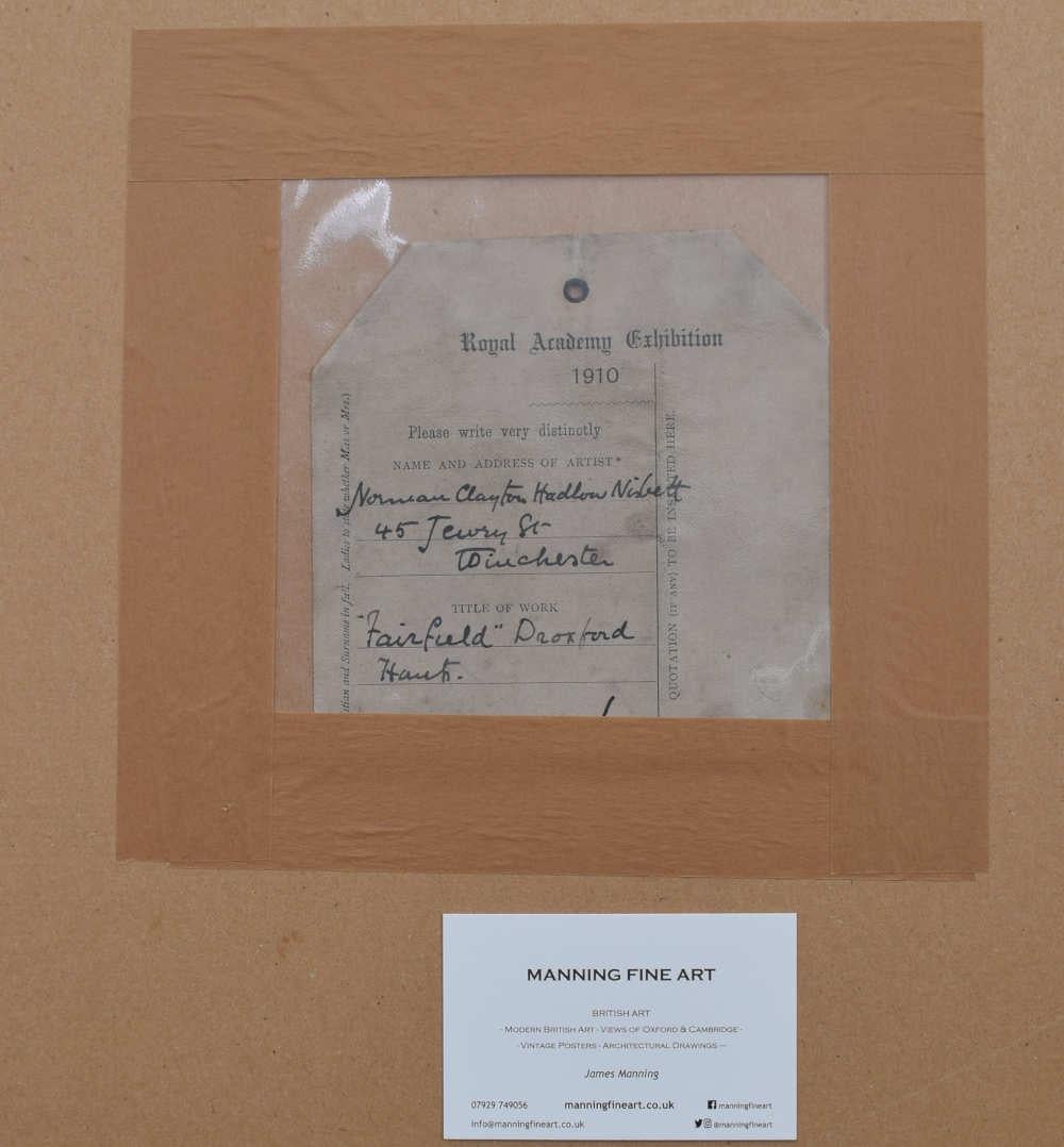 Norman Clayton Hadlow Nisbet ARIBA
Entwurf für Fairfield House, Droxford, Hampshire (um 1910)
Aquarell und Bleistift
33 x 51 cm

Signiert und umfangreich beschriftet.
Ausgestellt in der Royal Academy, 1910.

Ein schöner Entwurf für ein
