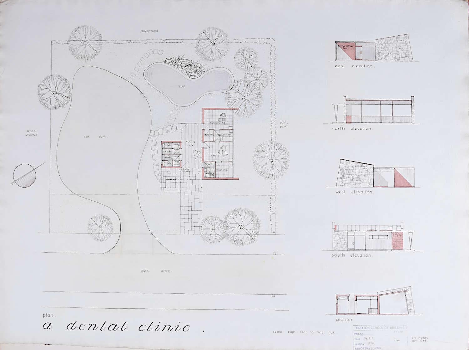 V A Hards Landscape Art - Design for Modernist dental surgery mid-century architectural drawing